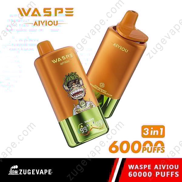Two Orange And Green Waspe 3 In 1 Vape Devices With 60000 Puffs Capacity And A Cartoon Gorilla Design, Emphasizing Flavor Options Like Strawberry, Watermelon, And Bubblegum.
