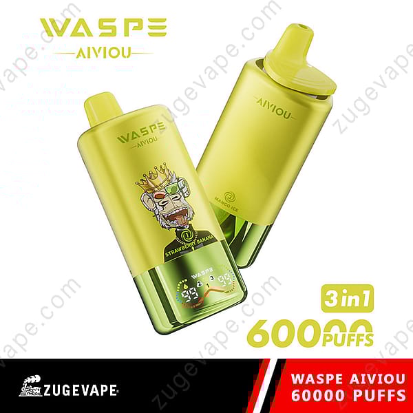 Two Waspe Disposable Vape Devices In Yellow, One Labeled With A Crowned Monkey Graphic And &Quot;Strawberry Banana,&Quot; The Other Marked &Quot;Mango Ice,&Quot; With Text Highlighting 60,000 Puffs And 3-In-1 Functionality, From Zugevape.