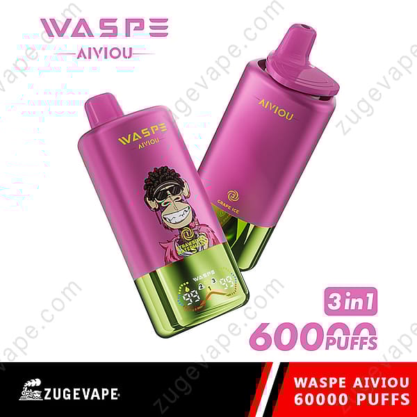 Two Waspe 3 In 1 Vape Devices In Pink And Green, Featuring A Cartoon Monkey Illustration And Text Indicating '3-In-1' And '60000 Puffs.'