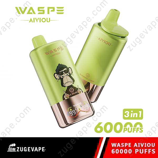 Two Green Waspe 3 In 1 Vape Devices, Each Featuring A Graphic Of A Cartoon Monkey And Text Indicating 60,000 Puffs With Flavors Like Blueberry Candy And Apple Melon, Against A Backdrop With The Zugevape Logo.