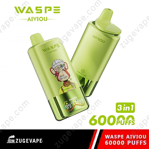 Two Lime Green Waspe 3 In 1 Vape Devices, One Featuring A Cartoon Ape Graphic, Both Labelled Lemon Lime And Offering 60000 Puffs, Shown With Branding For Zugevape.