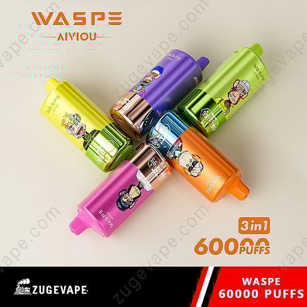 Collection Of Colorful Vape Devices Branded 'Waspe' Featuring Cartoon Character Designs, 60000 Puffs Claim, And Promotional Text.