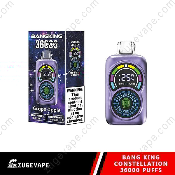 Bang King Constellation Vape Packaging And Device Featuring Grape Apple Flavor, Digital Display, And Warning About Nicotine Addiction.
