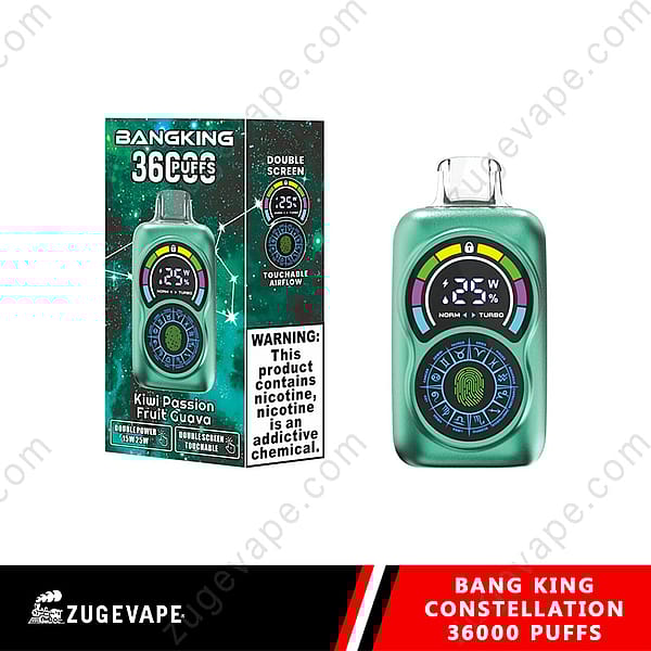 Image Of Bang King Constellation 36000 Puffs Vape Device With Packaging Showing Features Such As Double Screen, Touchable Airflow, And Flavor Kiwi Passion Fruit Guava, Along With A Nicotine Warning Label.