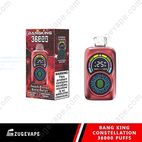 Bang King Constellation Vape Device And Packaging Featuring A Dual-Screen Design, Labeled With '36,000 Puffs,' And Flavor Description 'Peach Mango Watermelon,' With A Nicotine Addiction Warning.