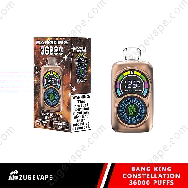 Image Of A Bang King Constellation Vape Device With 36,000 Puffs In Strawberry Banana Flavor, Featuring A Touchable Airflow System And Double Screen Display, Next To Its Packaging Which Includes A Nicotine Warning Label.