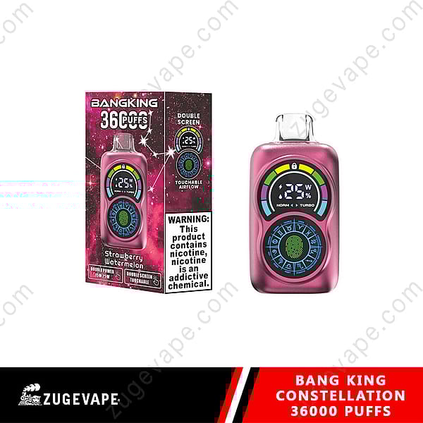 Bang King 36,000 Puffs Vape Device In Strawberry Watermelon Flavor With Double Screen Display, Touchable Airflow, And Nicotine Warning Label.