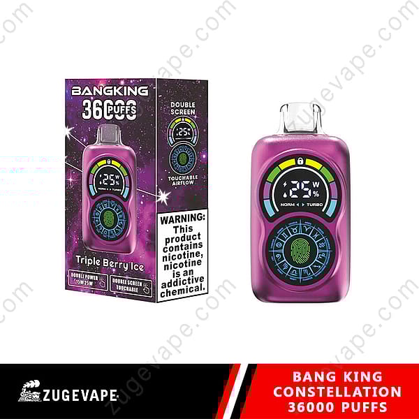 Image Of A Bang King Constellation Vape Device In Triple Berry Ice Flavor, Featuring A Purple Color And A Digital Screen Showing Power Levels, Alongside Its Packaging Which Highlights The Product'S 36,000 Puff Capacity And A Nicotine Warning.