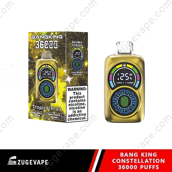 The Image Displays The Bang King Constellation Vape Device, Featuring A Digital Screen With Numerical Settings And Vibrant Colored Indicators, Alongside Its Packaging Labeled With 36000 Puffs And A Warning About Nicotine Addiction.