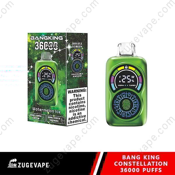 Image Of A Bang King 36000 Puffs Vape Device And Packaging, Featuring A Green Design With A Digital Screen, Labeled 'Watermelon Ice,' And Displaying A Nicotine Addiction Warning.