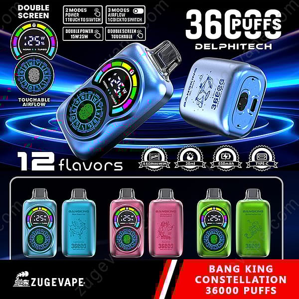 A Promotional Image For The Bang King Constellation Disposable Vape Featuring Multiple Units In Blue, Pink, And Green Colors, Highlighting Features Like Double Screen, 36000 Puffs, 12 Flavors, Touchable Airflow, And Specifications Including Dual Mesh Coil, 30Ml Capacity, 650Mah Battery, And Type-C Charging.