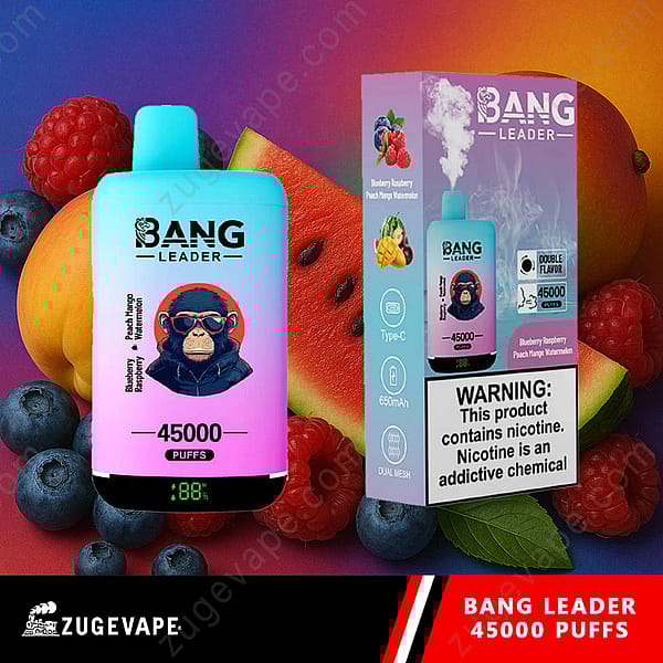 Produit de vapotage électronique étiqueté « Bang Leader 45000 Puffs » avec des saveurs comme la myrtille, la framboise, la pêche, la mangue et la pastèque, à côté de son emballage, avec des illustrations de fruits en arrière-plan.
