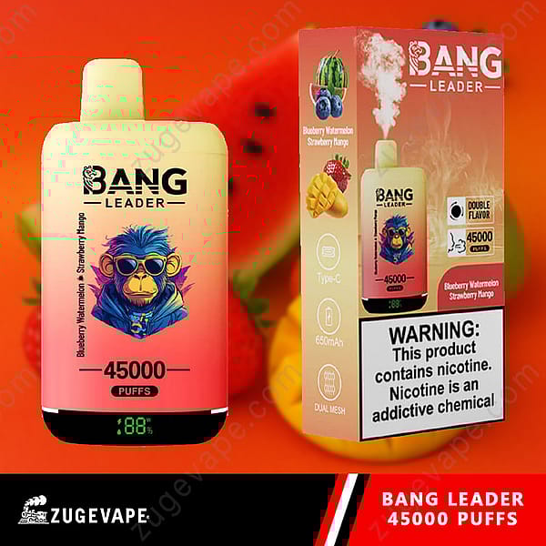 Image publicitaire d'un produit de vapotage Bang Leader offrant 45 000 bouffées aux saveurs de myrtille, de pastèque et de fraise-mangue, avec un avertissement visible sur la nicotine et des détails sur l'emballage.