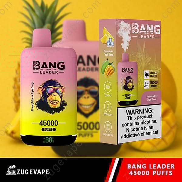 Un appareil de vapotage Bang Leader affichant un design coloré avec un singe portant des lunettes de soleil et un dégradé de couleurs, accompagné de son emballage mettant en valeur la saveur « Pineapple Ice Triple Mango » et indiquant 45 000 bouffées, à côté d'une étiquette d'avertissement de nicotine.