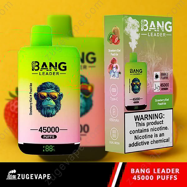 Appareil de vapotage Bang Leader et emballage en boîte comprenant 45 000 bouffées, un mélange de saveurs de fraise, de kiwi et de pêche glacée, avec un avertissement de nicotine bien visible.