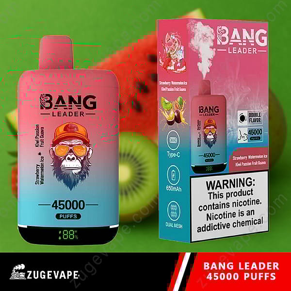 Une image d'un appareil de vapotage Bang Leader d'une capacité de 45 000 bouffées, avec des saveurs de fraise, de pastèque et de kiwi, de fruit de la passion et de goyave, affiché à côté de son emballage avec une étiquette d'avertissement concernant la nicotine.