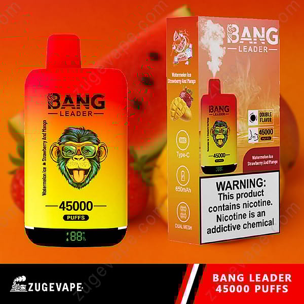 Image promotionnelle d'un produit de vapotage Bang Leader aux saveurs de glace à la pastèque, de fraise et de mangue, avec 45 000 bouffées, chargement de type C, batterie de 650 mAh, technologie Dual Mesh, ainsi qu'un avertissement sur l'emballage concernant la dépendance à la nicotine.