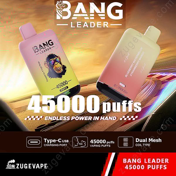 Publicité pour Bang Leader Vape, comprenant deux appareils de vape colorés d'une capacité de 45 000 bouffées, un chargement USB de type C et un type de bobine à double maille ; l'arrière-plan montre une piste de course améliorée numériquement.