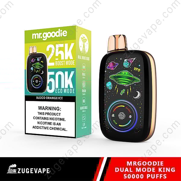 A Mr. Goodie Dual Mode Vape Device Alongside Its Packaging, Featuring A Colorful Outer Space Design And Labeled With 25K Boost Mode And 50K Eco Mode Options, Flavor Blood Orange Ice, And A Nicotine Warning Prominently Displayed.