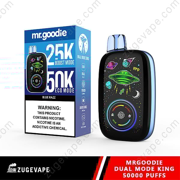 Packaging And Device Of Mr. Goodie Dual Mode King Vape Featuring 2500 Puffs In Boost Mode And 5000 Puffs In Eco Mode Displayed Alongside A Detailed Ufo-Themed Graphic Design On The Device.