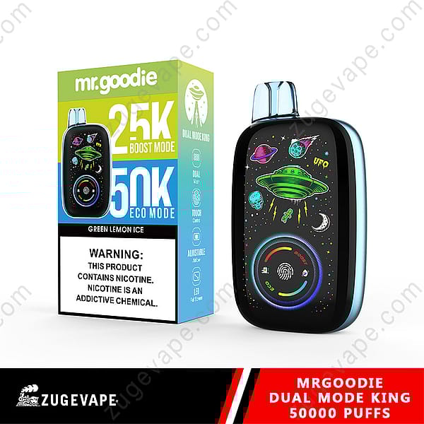 A Mr. Goodie Dual Mode King Vape Device With An Alien And Ufo Design Is Displayed Next To Its Colorful Packaging, Highlighting Its 25K Boost Mode And 50K Eco Mode, Along With A Nicotine Warning Label.