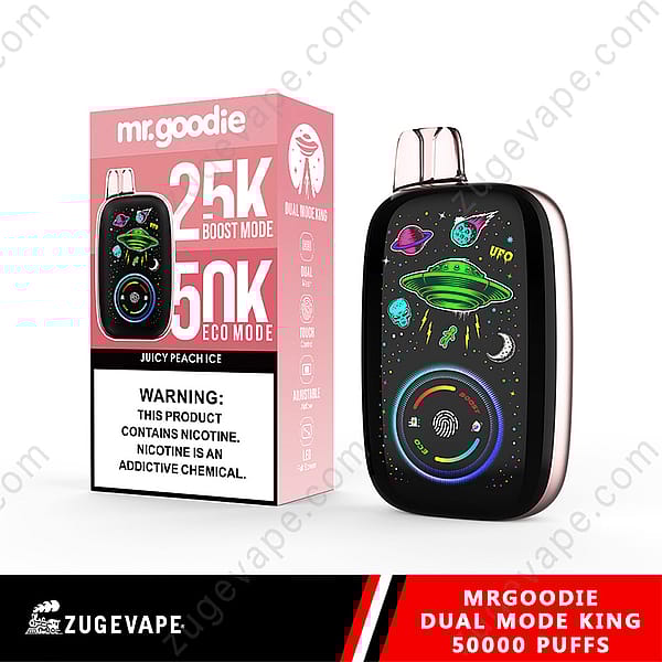 Promotional Image Of The 'Mr. Goodie Dual Mode King' Vaping Device Showing A Space-Themed Design With Accompanying Packaging Labeled For 25K Boost Mode And 50K Eco Mode With The Flavor Juicy Peach Ice.