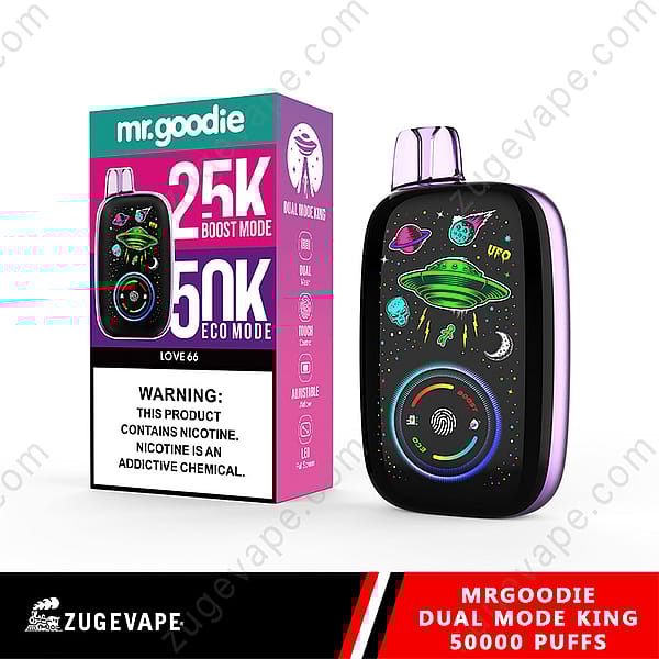 Image Of Mr. Goodie Dual Mode King Vape Device With 25K Boost Mode And 50K Eco Mode, Featuring Colorful Ufo-Themed Design, Alongside Its Box Displaying Nicotine Warning.