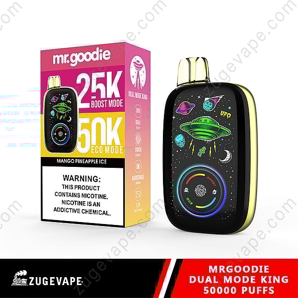 Product Image Showing The Mr. Goodie Dual Mode King Vape Device With An Outer Space-Themed Design Alongside Its Packaging Displaying Features Such As 25K Boost Mode And 50K Eco Mode And A Warning Label About Nicotine.