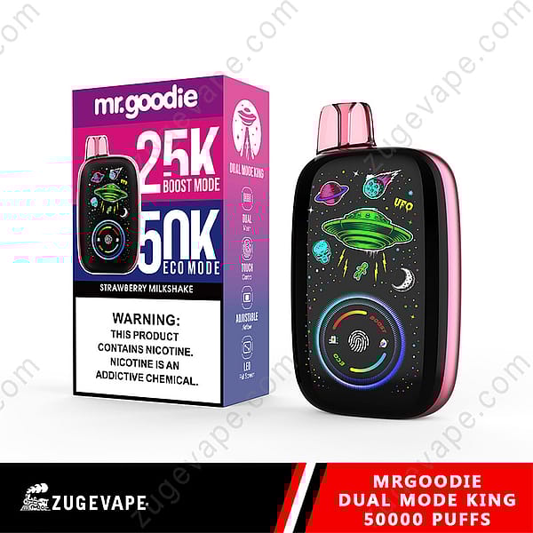 Mr. Goodie Vape Package And Device Showing Cartoon Alien-Themed Design, Featuring Two Vaping Modes With 25K Boost And 50K Eco Settings, Labeled Strawberry Milkshake Flavor, And Containing A Nicotine Warning.