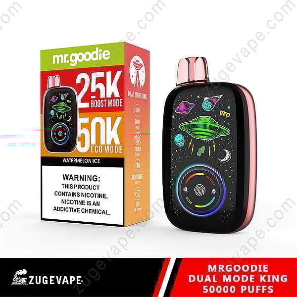 A Mr. Goodie Dual Mode King Vape In Watermelon Ice Flavor, Featuring 25,000 Puffs In Boost Mode And 50,000 Puffs In Eco Mode, With A Colorful Design Of Spaceships And The Warning About Nicotine Content.