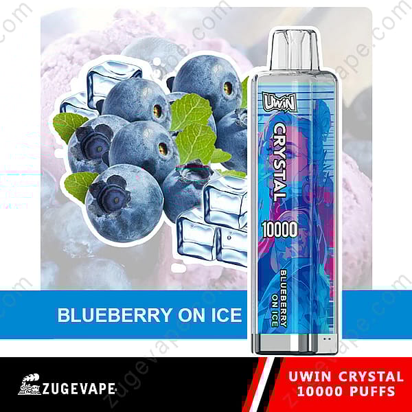 Promotiefoto van Uwin Crystal Vape met de smaak Blueberry On Ice, met bosbessen, muntblaadjes en ijsblokjes op een kleurrijke achtergrond, wat de mogelijkheid tot 10.000 trekjes benadrukt.