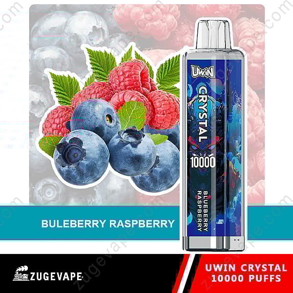Productafbeelding van een Uwin Crystal Vape-apparaat met bosbessen- en frambozensmaak, met het apparaat naast realistische afbeeldingen van bosbessen en frambozen, gelabeld 'Blueberry Raspberry' en 'Uwin Crystal 10000 Puffs'.