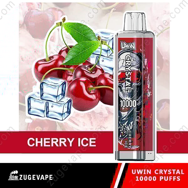 Een promotiefoto van een Uwin Crystal Vape-apparaat met een capaciteit van 10.000 trekjes, met afbeeldingen van kersen en ijsblokjes, gelabeld 'Cherry Ice' door Zugevape.