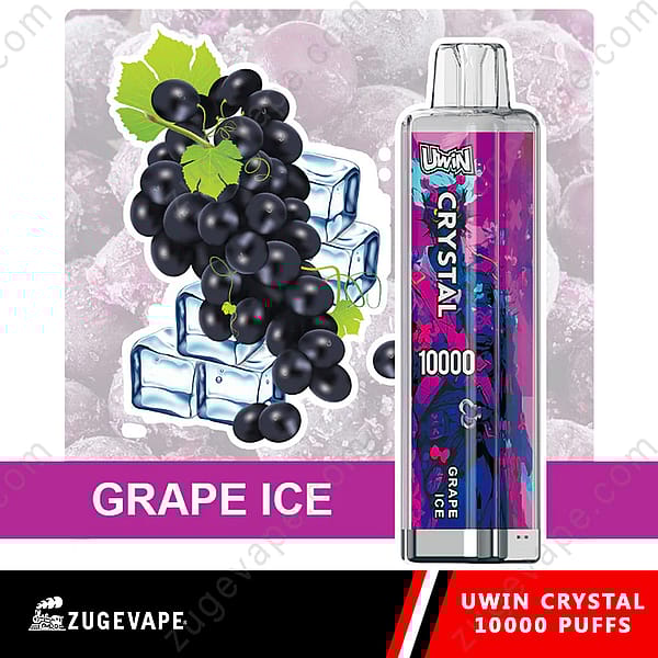 Promotiefoto voor Uwin Crystal Vape met de smaak Grape Ice, een bos zwarte druiven, ijsblokjes en de tekst 'Grape Ice' en '10000 Puffs' naast het vape-apparaat.