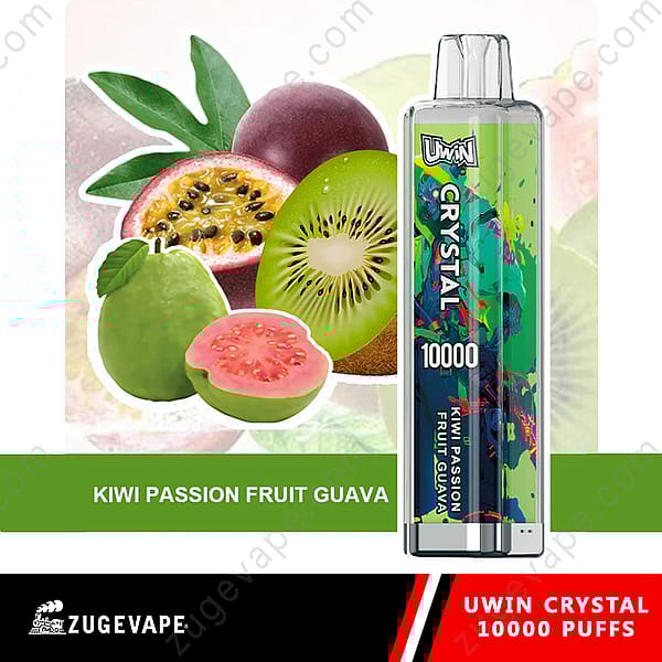 Promotie-afbeelding voor Uwin Crystal 10000 Puffs Vape-apparaat met de smaken kiwi, passievrucht en guave, waarbij het apparaat wordt getoond naast illustraties van de vruchten.