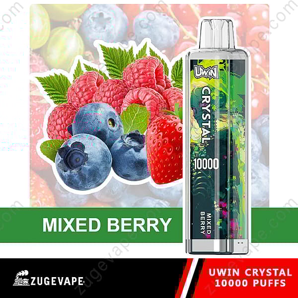 Uwin Crystal 10000 Puff Vape Pen met gemengde bessensmaak, met afbeeldingen van frambozen, bosbessen en aardbeien.