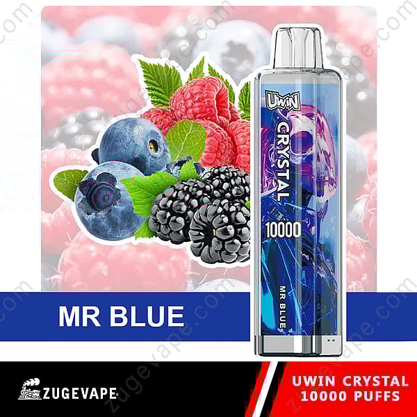 Een promotiefoto van de Uwin Crystal Disposable Vape met het label 'Mr Blue', met bessensmaken zoals frambozen, bosbessen en bramen, en een capaciteit van 10.000 trekjes.