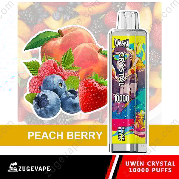 Promotiefoto van Uwin Crystal Vape met fruitsmaken zoals perzik, bosbes, framboos en aardbei, met een kleurrijk ontwerp en gelabeld voor 10.000 trekjes.