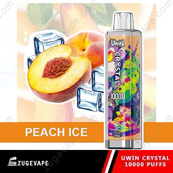 Een promotieafbeelding voor Uwin Crystal Vape in de smaak 'Peach Ice', met een gesneden perzik met afbeeldingen van ijsblokjes en een vape-apparaat met kleurrijk ontwerp en de tekst '10000 Puffs'.