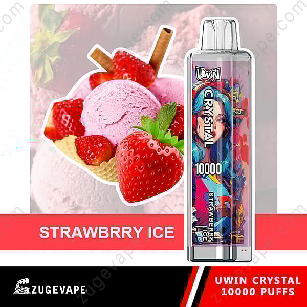 Een Uwin Crystal Vape-apparaat met aardbeienijssmaak wordt getoond naast afbeeldingen van roze aardbeienijs en verse aardbeien, met een achtergrond die de capaciteit van 10.000 trekjes promoot.