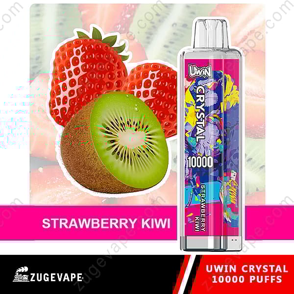 Promotiefoto van Uwin Crystal Vape met aardbei-kiwi-smaak, met illustraties van aardbeien en kiwi's naast het kleurrijke vape-apparaat met het label '10000 Puffs.'
