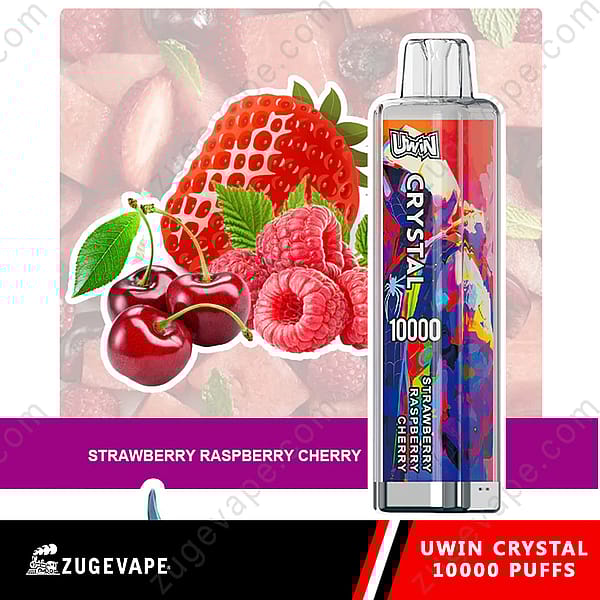 Uwin Crystal Vape-apparaat met kleurrijk ontwerp, met de smaken aardbei, framboos en kers, en goed voor 10.000 trekjes.