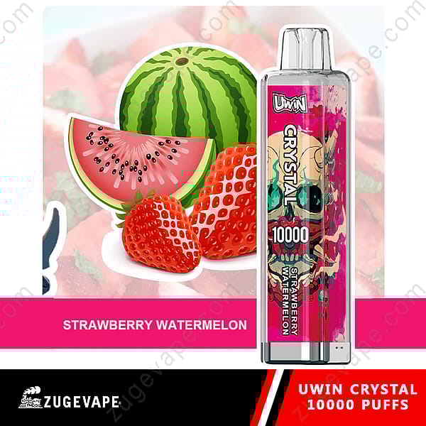 Promotie-afbeelding voor een Uwin Crystal Vape-apparaat met de smaak van aardbei en watermeloen, met illustraties van rijpe aardbeien en een watermeloen achter het product.