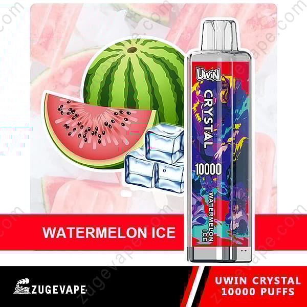 Uwin Crystal Vape met watermeloen-ijssmaak, met een afbeelding van een hele en in plakjes gesneden watermeloen en ijsblokjes, wat de capaciteit van 10.000 trekjes benadrukt.