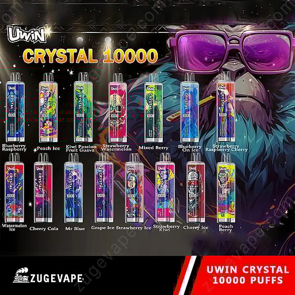 Een display van Uwin Crystal 10000 Vape-pennen met verschillende smaken, zoals bosbes, framboos, perzikijs en kiwi, passievrucht-guave, met kleurrijke verpakkingsontwerpen tegen een achtergrond van een cartoongorilla met een zonnebril.