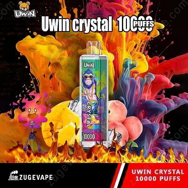 Een kleurrijk promotieontwerp voor Uwin Crystal Vape met levendige abstracte spatten, fruitillustraties en de tekst &Quot;Uwin Crystal 10000 Puffs.&Quot;