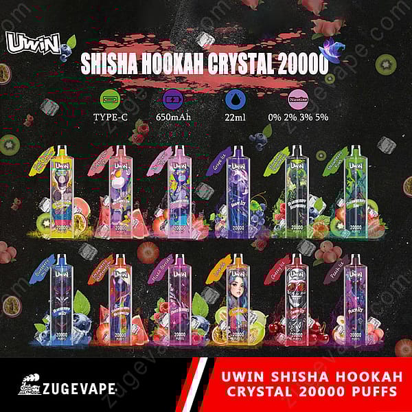 Promotional Image For Uwin Shisha Hookah Crystal 20000 With Various Fruit-Flavored Designs And Specifications Including Type-C Charging, 650Mah Battery, 22Ml Capacity, And Nicotine Options From 0% To 5%.