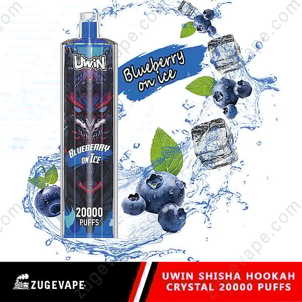 A Uwin Shisha Hookah Vape Labeled 'Blueberry On Ice' With 20,000 Puffs, Decorated With Blueberries, Ice Cubes, And Mint Leaves, Set Against A Water Splash Background.