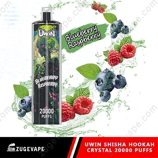 Promotional Image For Uwin Shisha Hookah Crystal Featuring Blueberry Raspberry Flavor With 20,000 Puffs, Surrounded By Berries And Leaves.