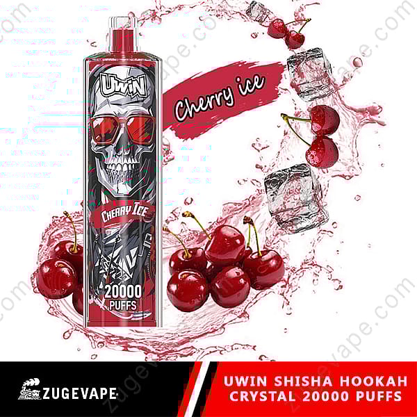 A Uwin Shisha Hookah Vape Featuring A Skull With Red Sunglasses, Labeled Cherry Ice With 20,000 Puffs, Surrounded By Images Of Cherries And Ice Cubes.